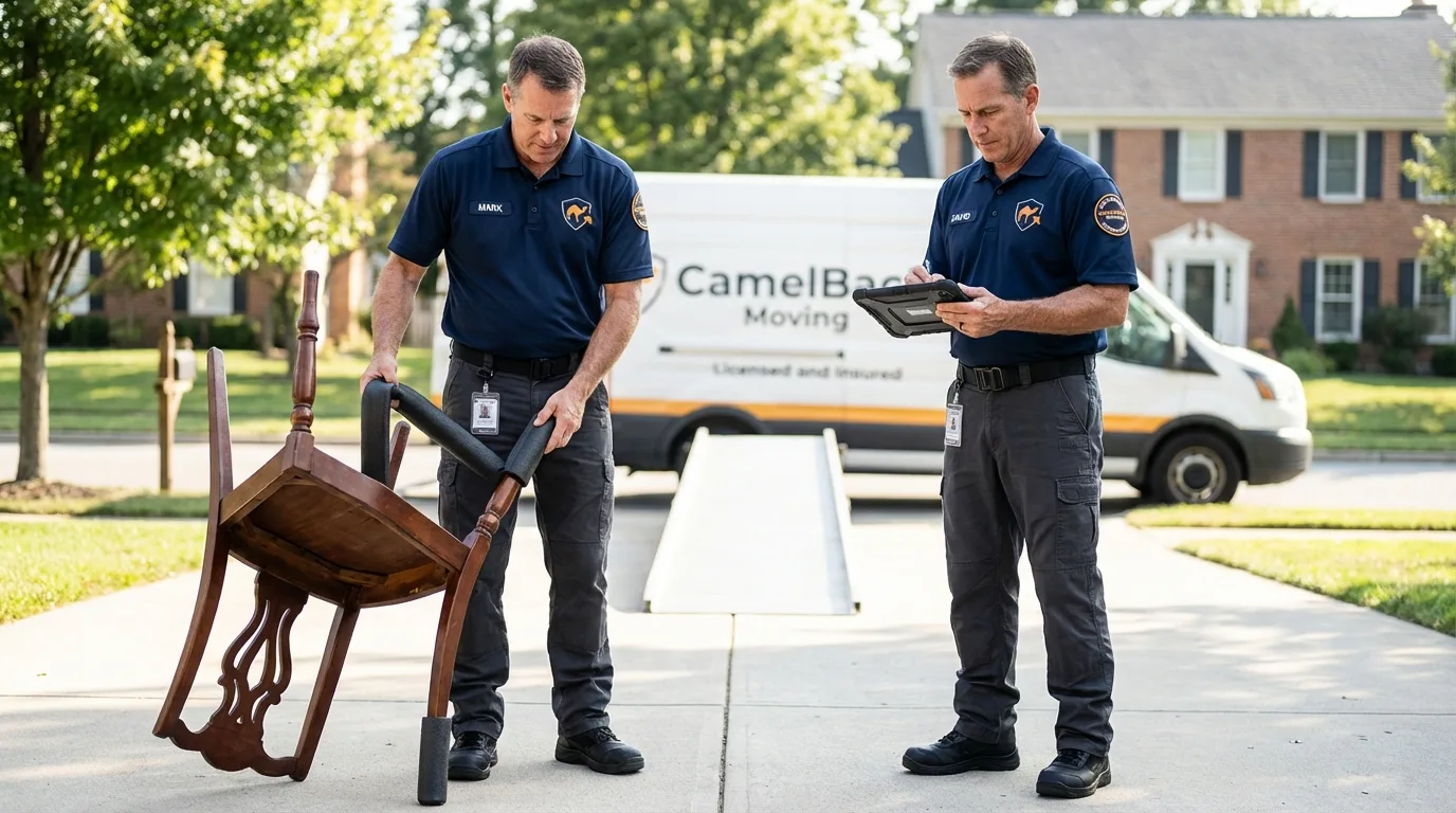 Movers inspecting furniture for damage prevention before loading in Shepherdsville, KY