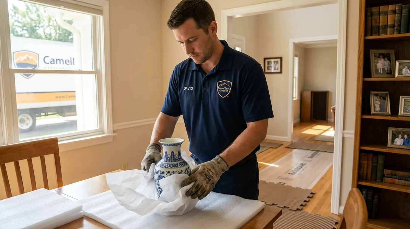 Professional crew carefully wrapping antique vase for senior downsizing move in Shepherdsville, KY